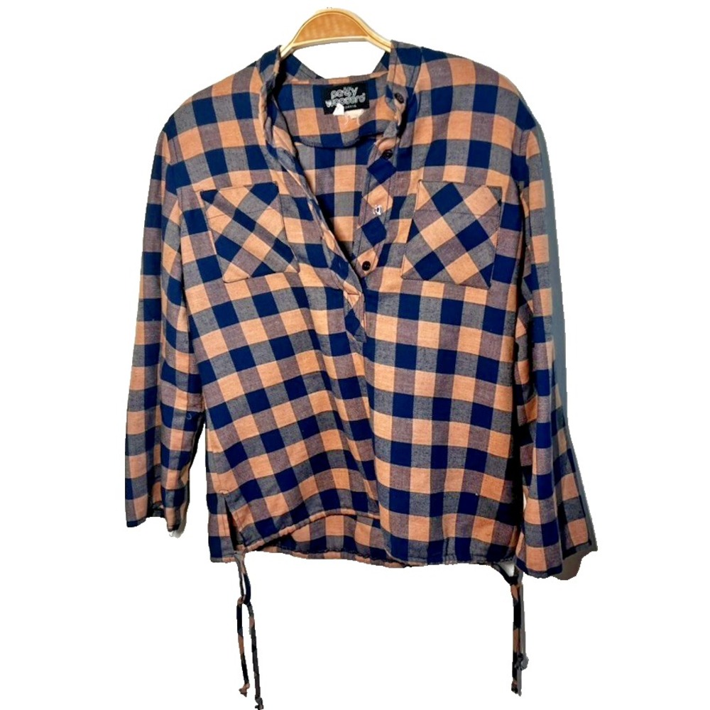 Vintage Patty Woodard Plaid Shirt Peach and Navy Pockets Womens Size Small‎